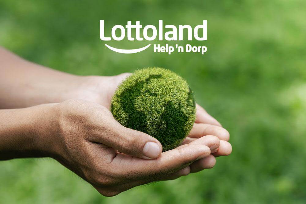 A graphic showing Lottoland and Help n'Dorp[ text above a small green planet in a persons hands