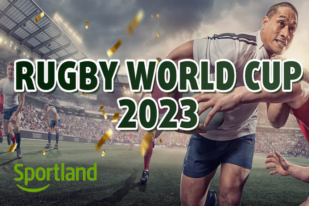 A rugby player, running with the ball. The text reads "Rugby Wolrd Cup 2023"