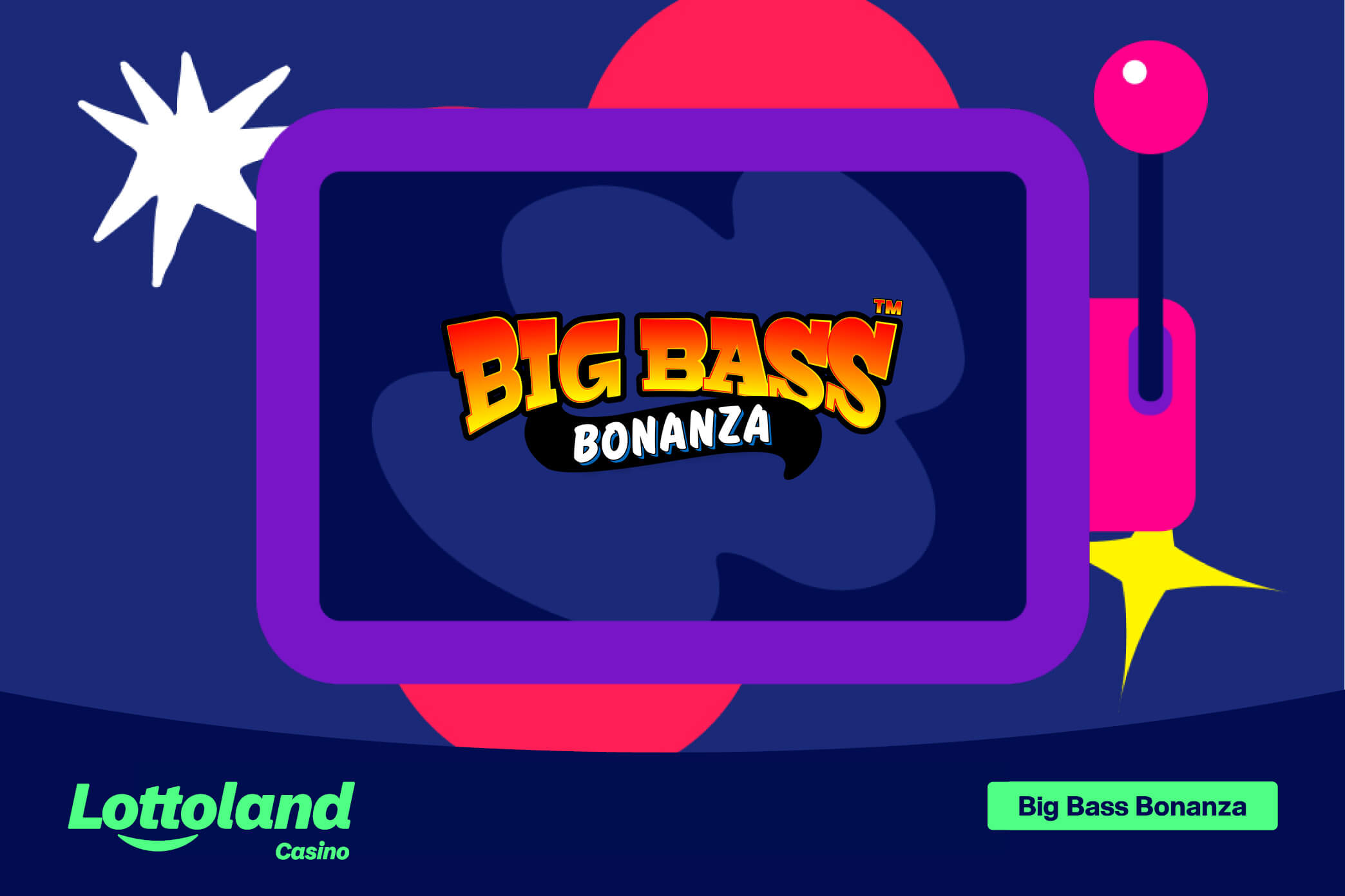 An image showing the Big Bass Bonanza slot logo on a purple background