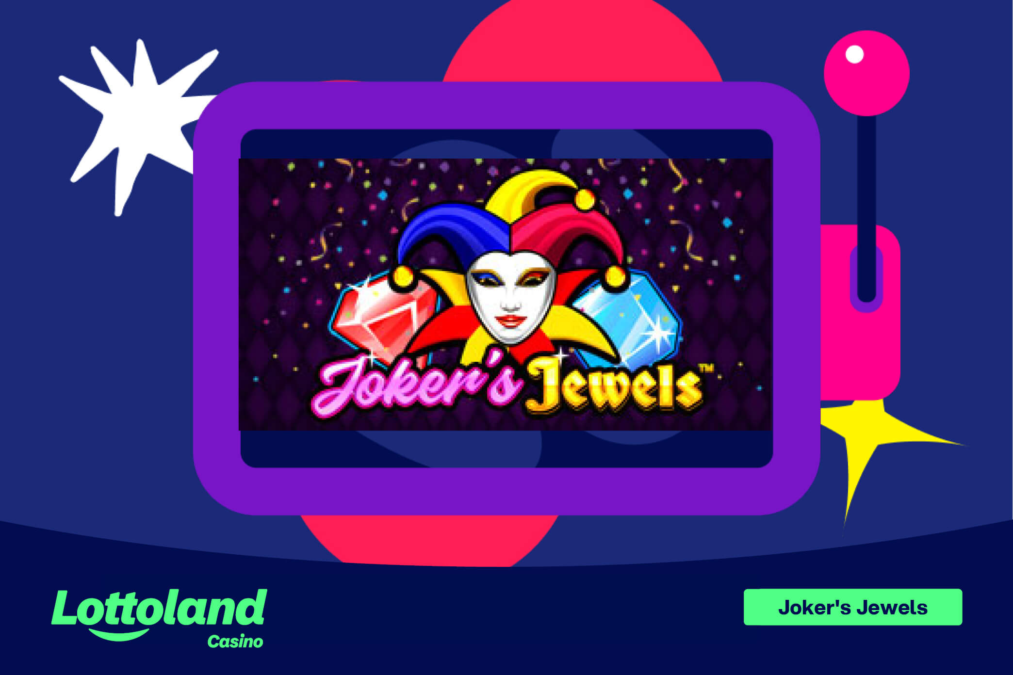 Joker's Jewels Slot Review The Joker's Jewels slot logo on a purple, Lottoland-branded background