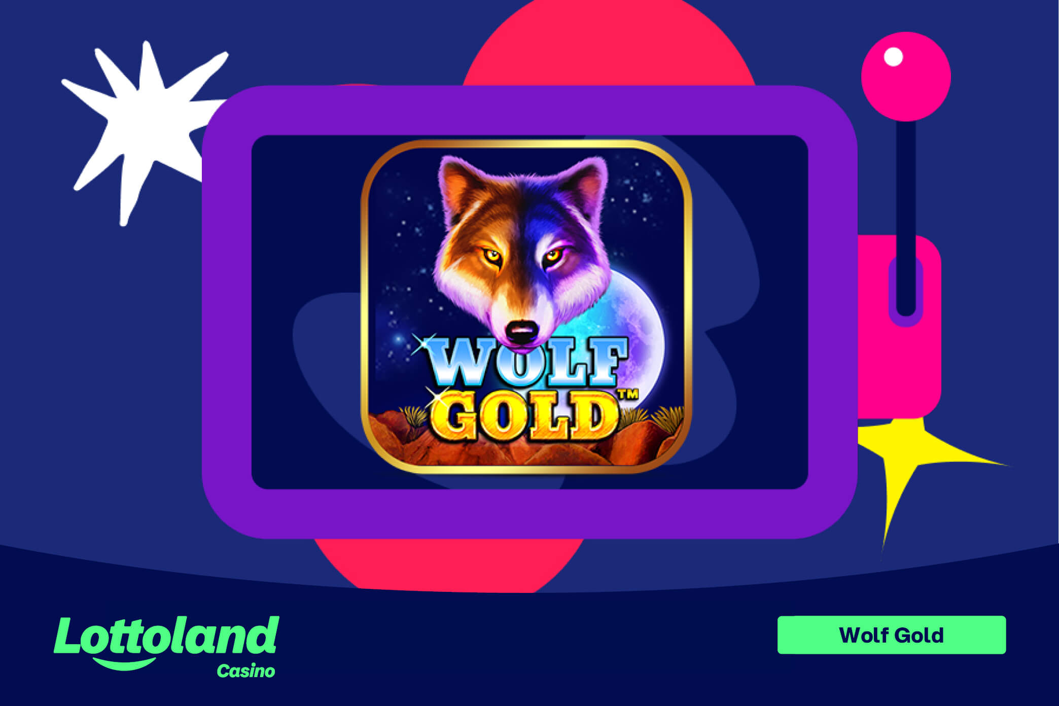 The wolf gold slot logo on   a purple background and the green lottoland branding