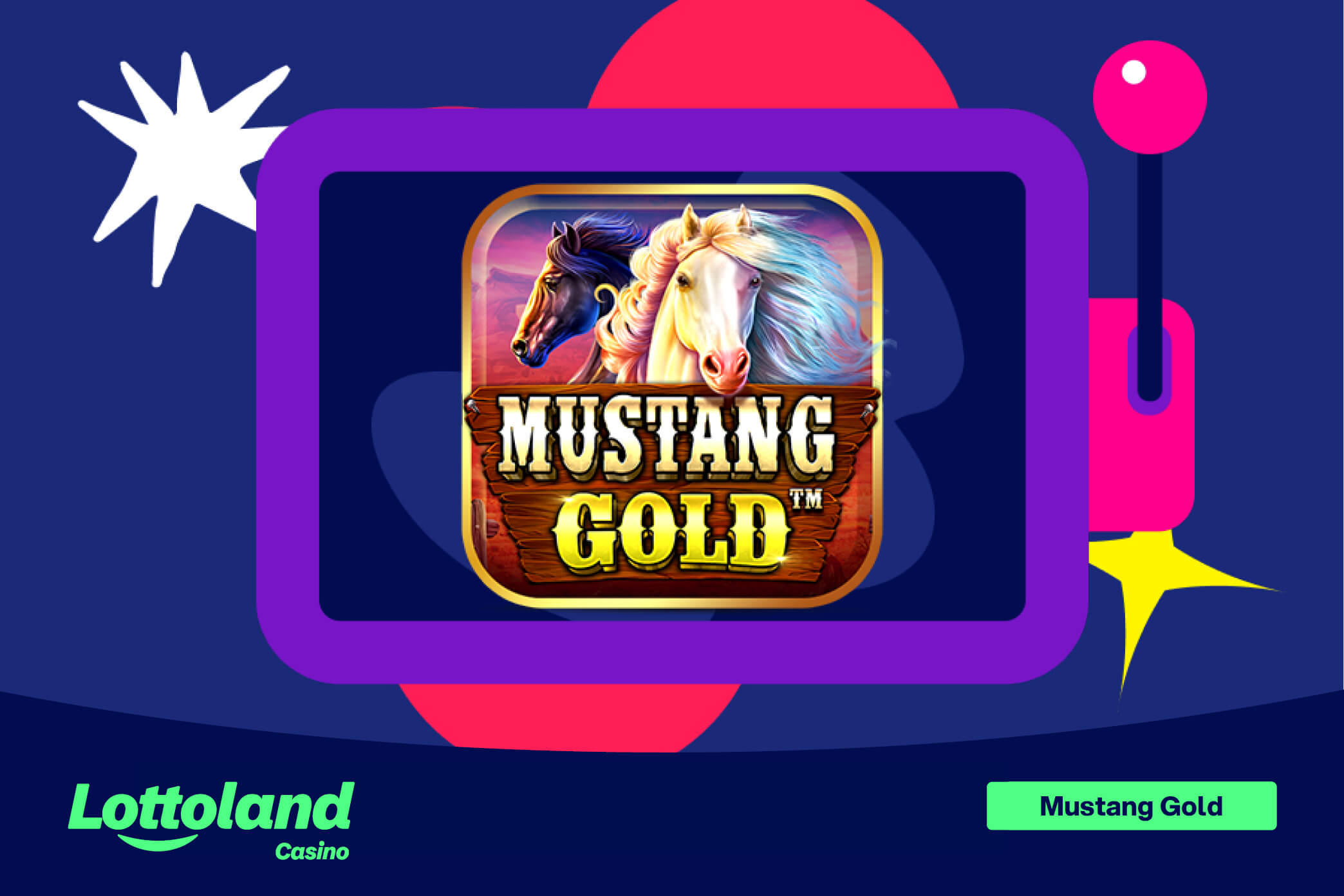 The Mustang Gold slot logo placed on a Lottoland branded purplke background