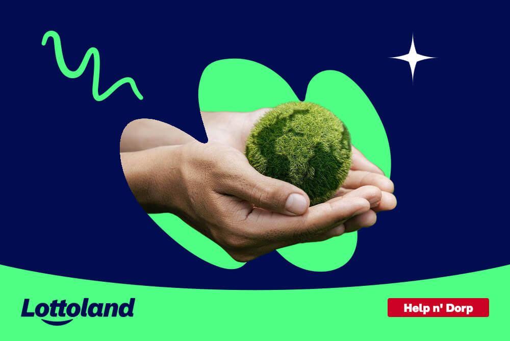 A graphic showing Lottoland and Help n'Dorp text below a small green planet in a persons hands