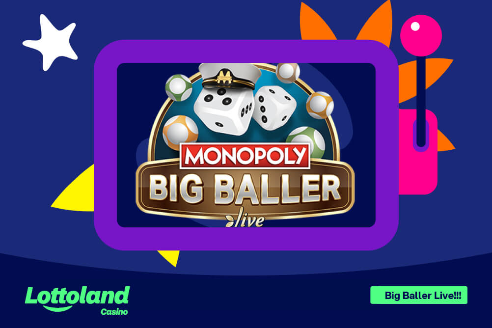 Monopoly Big Baller Live The monpoly big baller live logo on a lottoland branded purple background