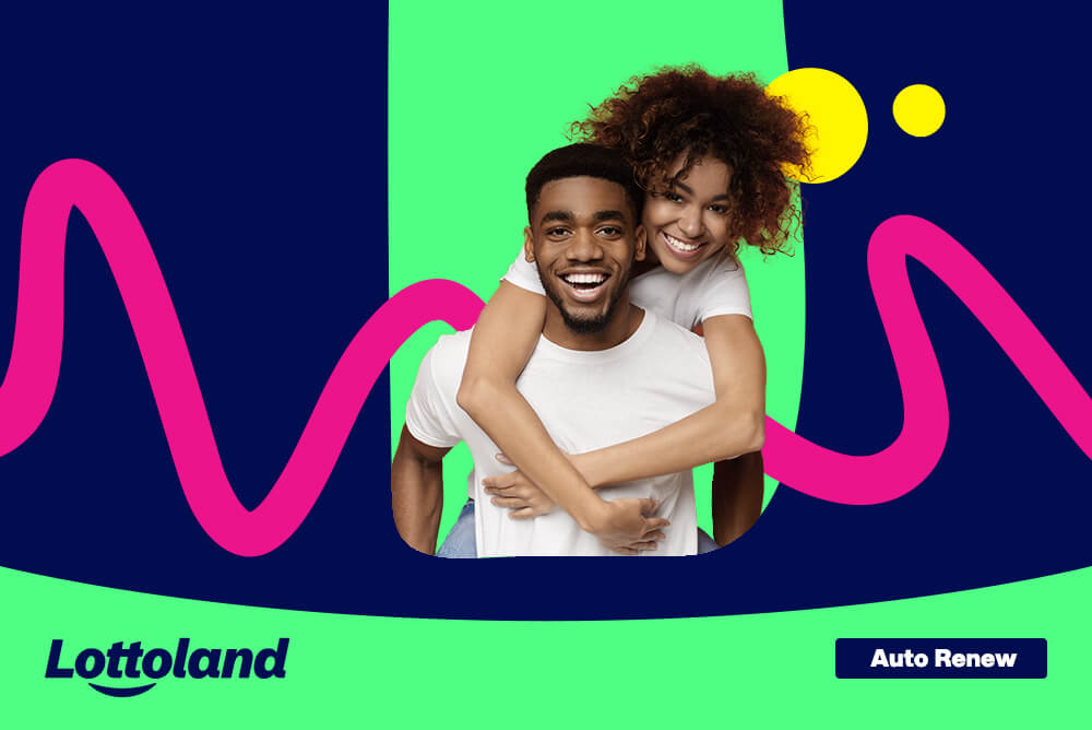 A woman hugging a man from behind having read about auto renew bets on Lottoland