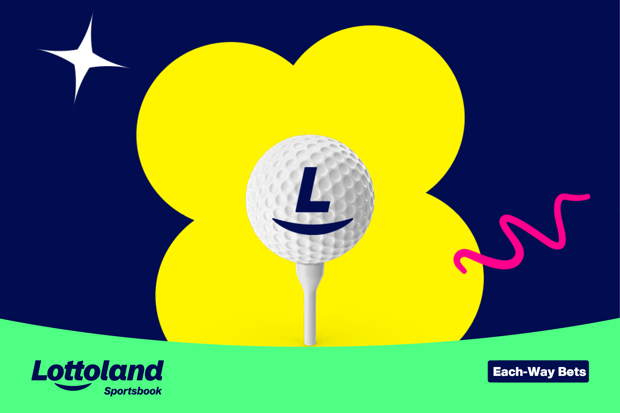 A golf ball, branded, with the Lottoland 'L', resting on it's tee. Golf is one of the many sports where each-way betting is popular.