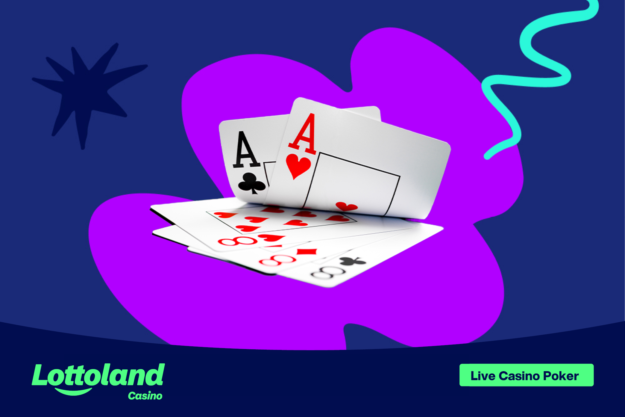 A poker hand showing a pair of aces in a live casino poker game, placed on a lottoland branded background